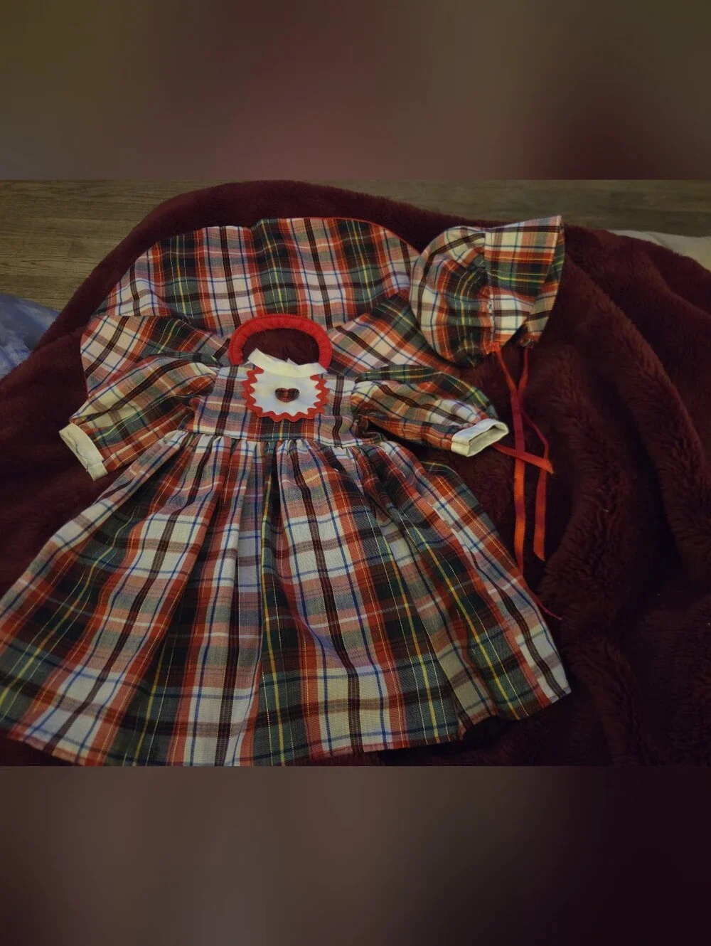 Doll 18 In Red & Green Plaid Holiday Costume Dress with Bonnet
